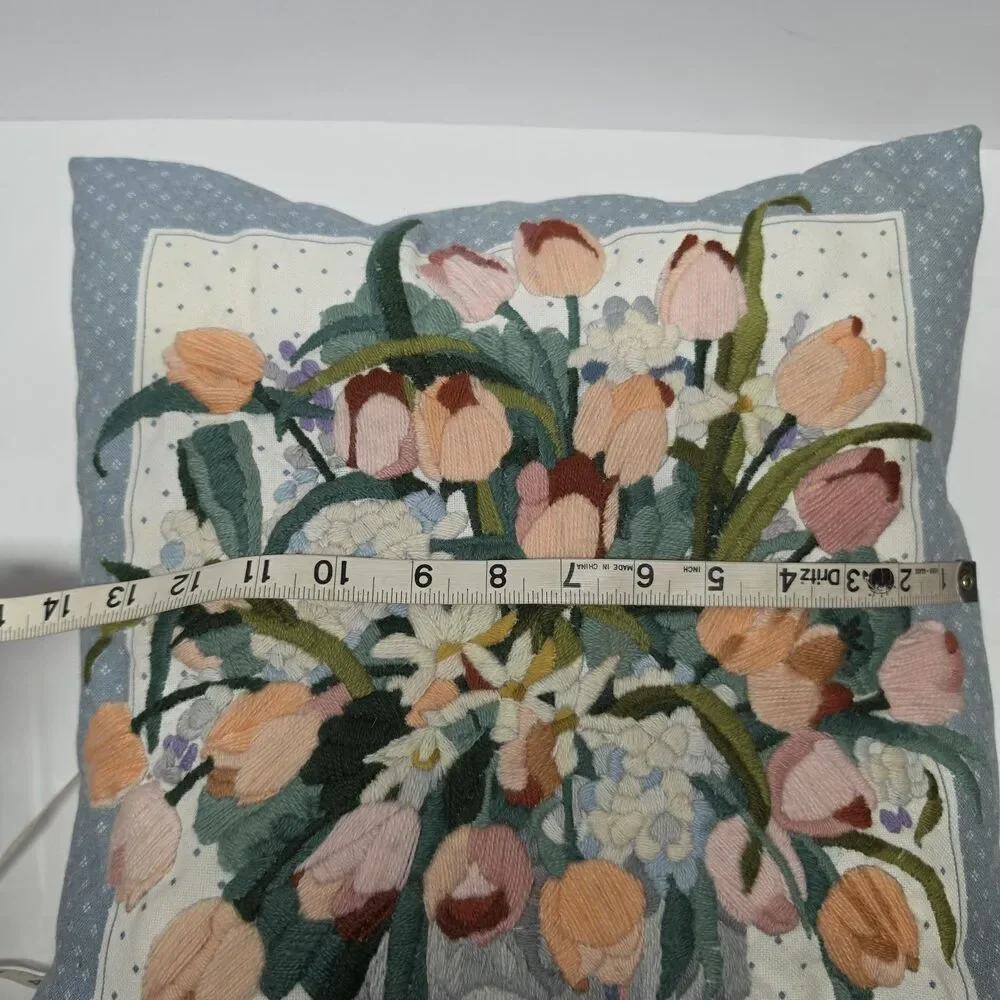 Vintage 70s Crewel Embroidery Colorful Tulips Decorative Pillow 13” x 13” Boho